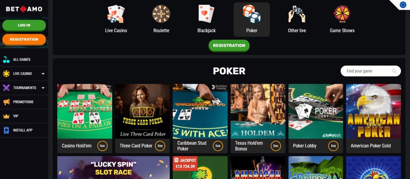 Betamo Casino's live casino section, showing variations of poker.