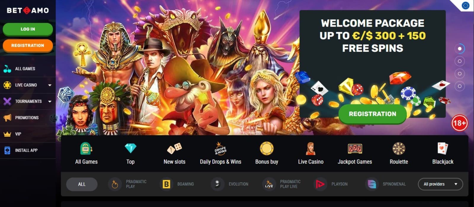 Betamo Casino's homepage, showing the welcome bonus over a background of various game avatars.