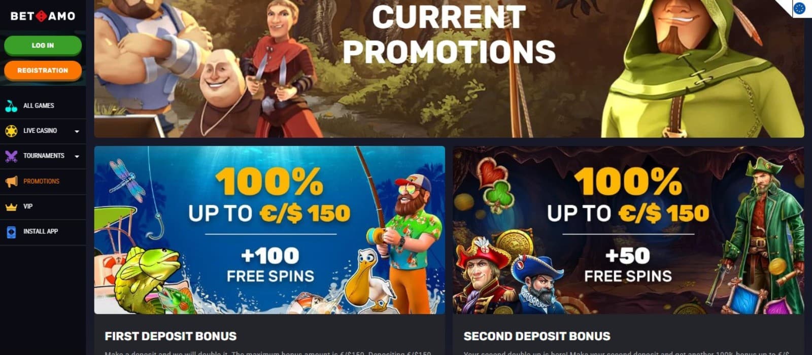 Betamo Casino's promotions page, showing the double welcome bonus package.