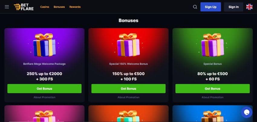 Betflare Casino's Bonus page, showing the welcome bonus and other promotions.