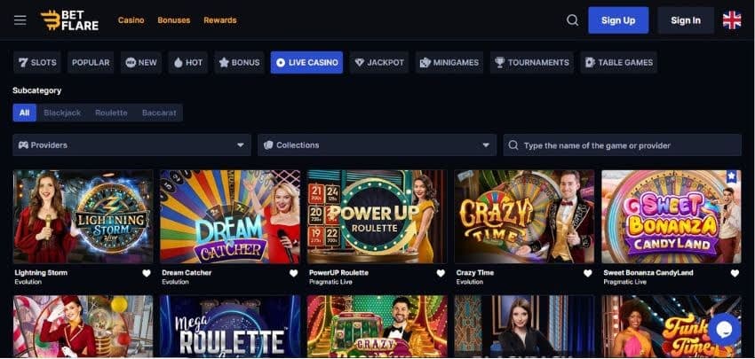 Betflare Casino's table games section, showing variations of blackjack and roulette.