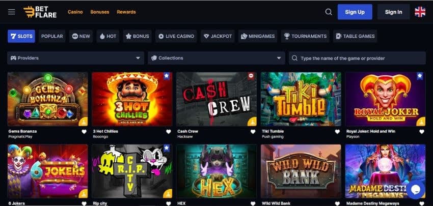 Betflare Casino's slot category, showing titles such as RIP City and other games.