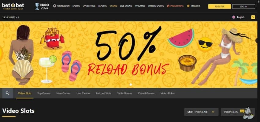 bet O bet Casino's homepage, showing the 50% reload bonus with vane avatars