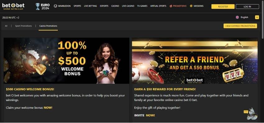 bet O bet Casino's promotions page, showing the welcome bonus and the €50 referral bonus.