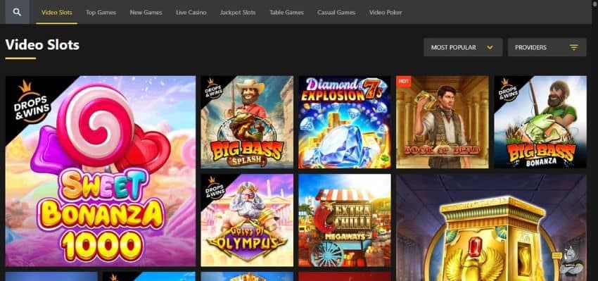 bet O bet Casino's slot games category, showing titles such as Sweet Bonanza 1000, Book of Dead, and others.