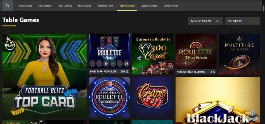 bet O bet Casino's table games category, showing variations of roulette and blackjack.