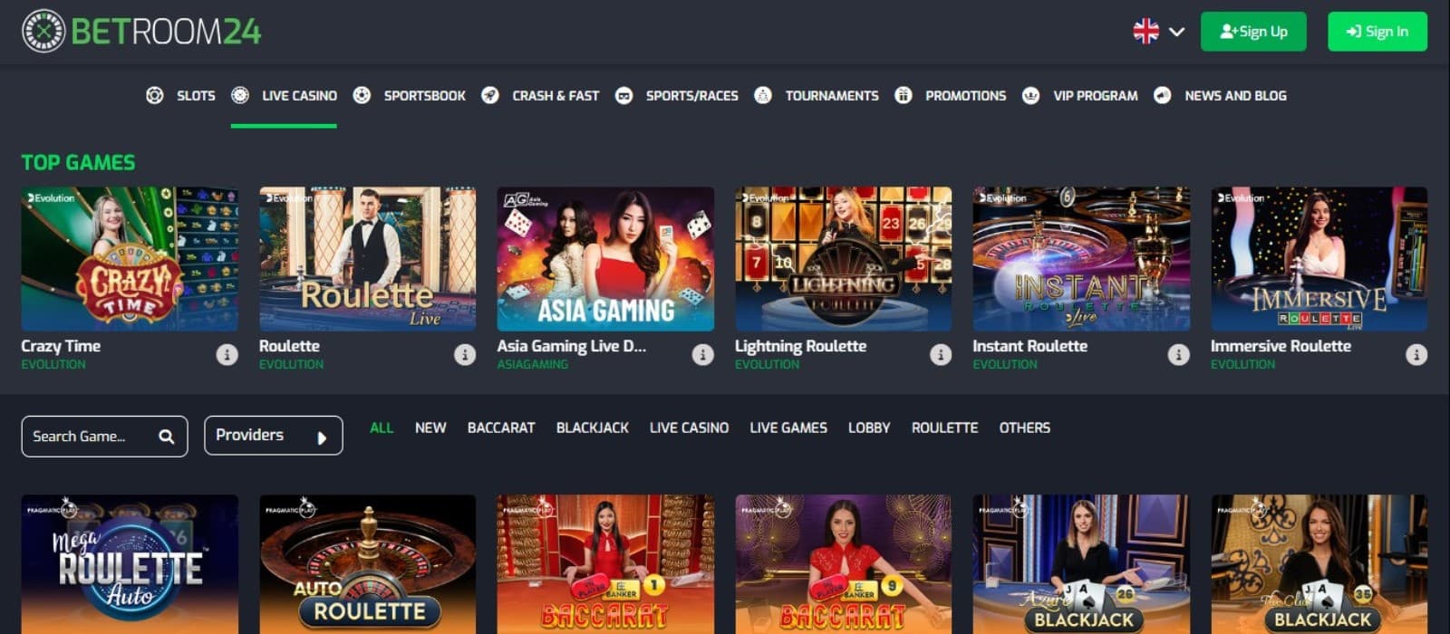 Betroom24 Casino's live games section, showing variations of roulette and blackjack.