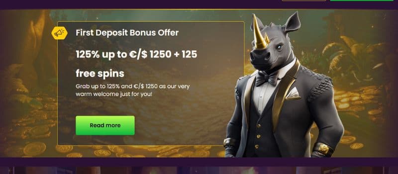 At Bizzo, you get a 125% deposit bonus up to 1,250 EUR+125 free spins.