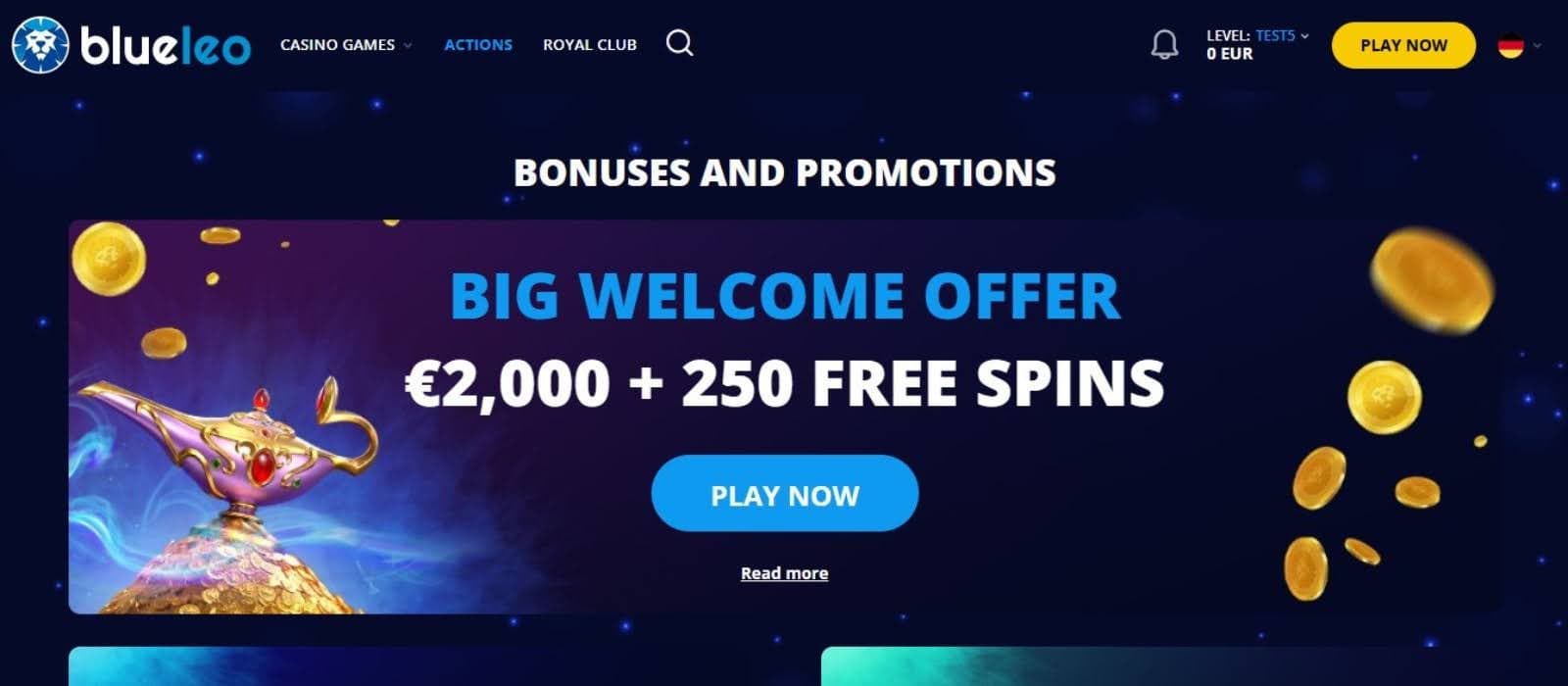 Blue Leo Casino's homepage, showing the welcome bonus and a genie game avatar.