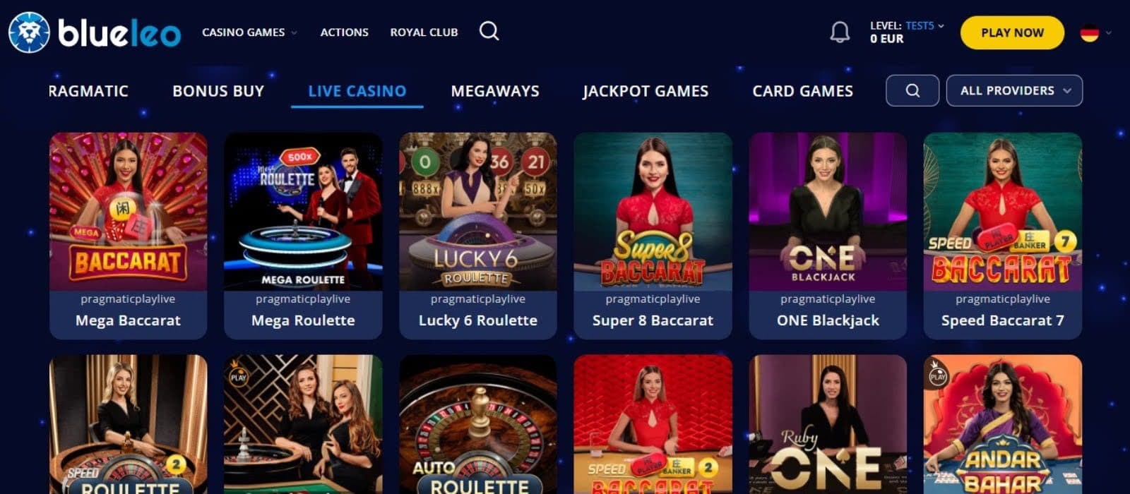 Blue Leo Casino's live games section, showing variations of roulette and baccarat.