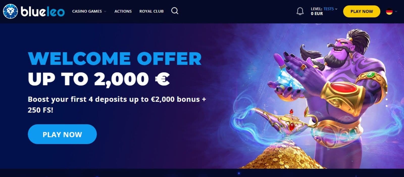 Blue Leo Casino's promotions page, showing the welcome bonus.