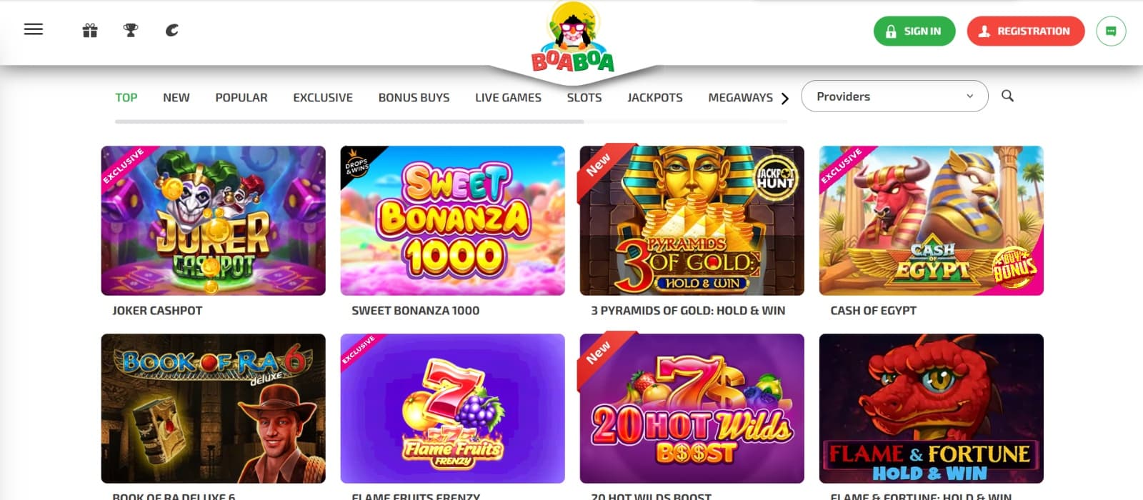 Boa Boa Casino games page with top slots like Sweet Bonanza 1000 and Joker Cashpot 