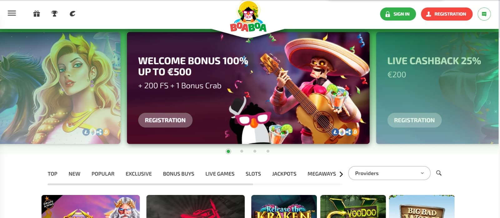 Boa Boa Casino landing page with welcome bonus banner featuring skeleton mariachi