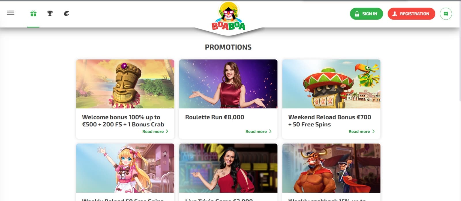 Boa Boa Casino promotions page with welcome bonus  and live casino promos