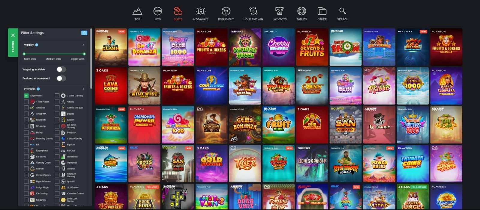 Bons Casino games page showcasing slot games and the filter function to find specific games. 