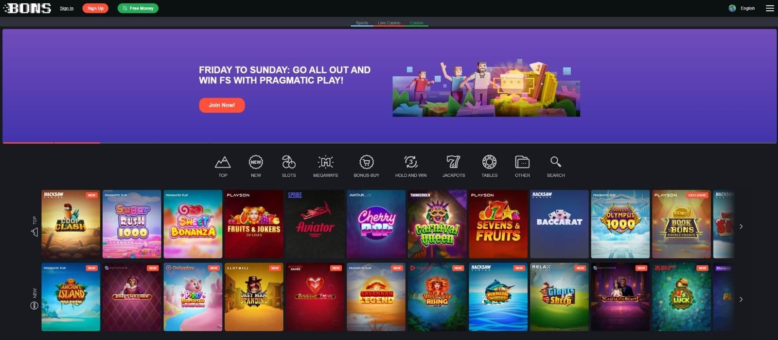 Bons Casino landing page showing popular slots, game categories and the top menu