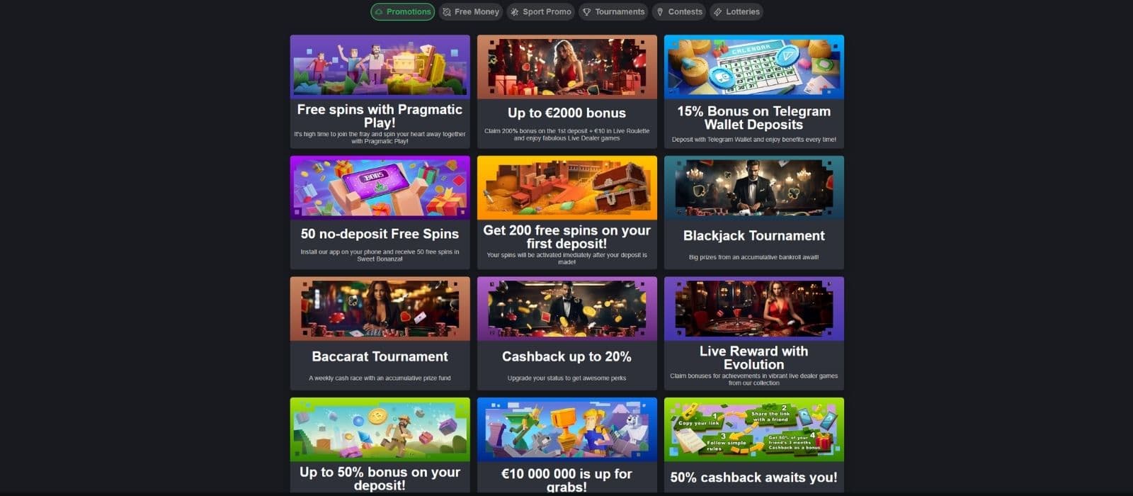 Bons Casino promotions page with the different bonus options for casino and sports betting. 