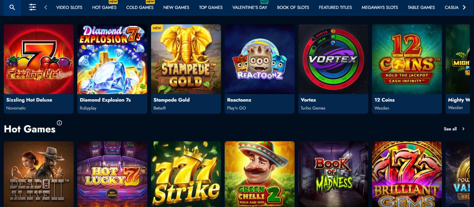 BookofCasino games page with golden elephant and 777 fruit games