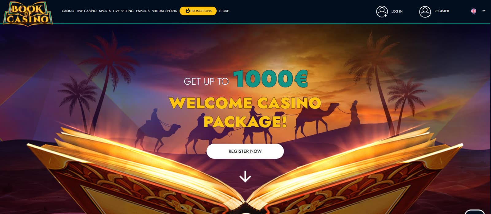 BookofCasino home page with open book and camels in desert background