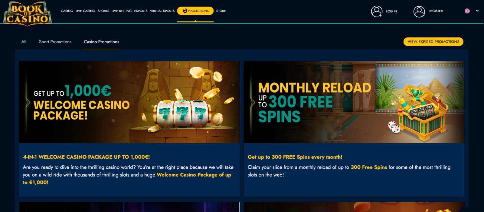 BookofCasino promotions page with golden coins and 7 symbols on reels welcome bonus banner