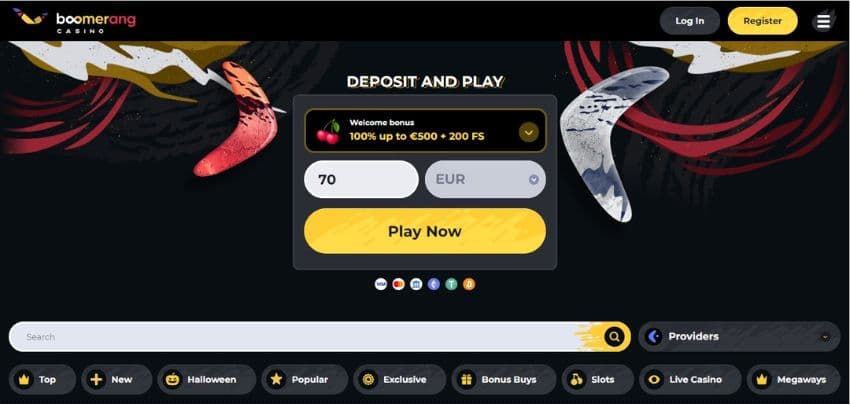 Boomerang Casino's homepage, showing a deposit form and game categories.