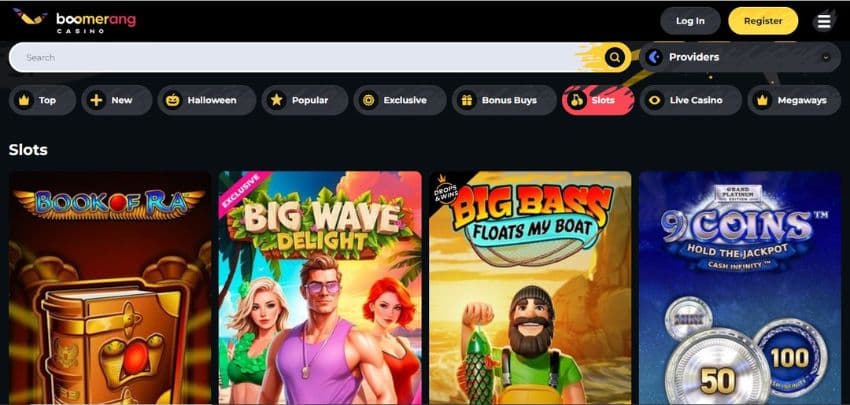 Boomerang Casino's slot games category, showing titles such as Big Bass Floats My Boat and other exciting games.