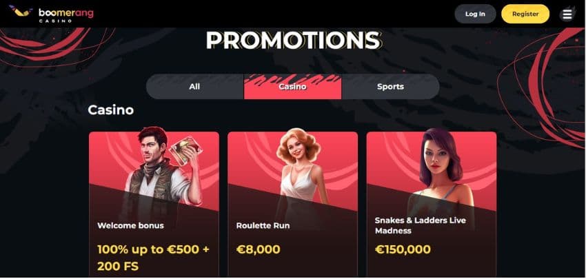  Boomerang Casino's promotions page, showing the welcome bonus and other impressive offers.