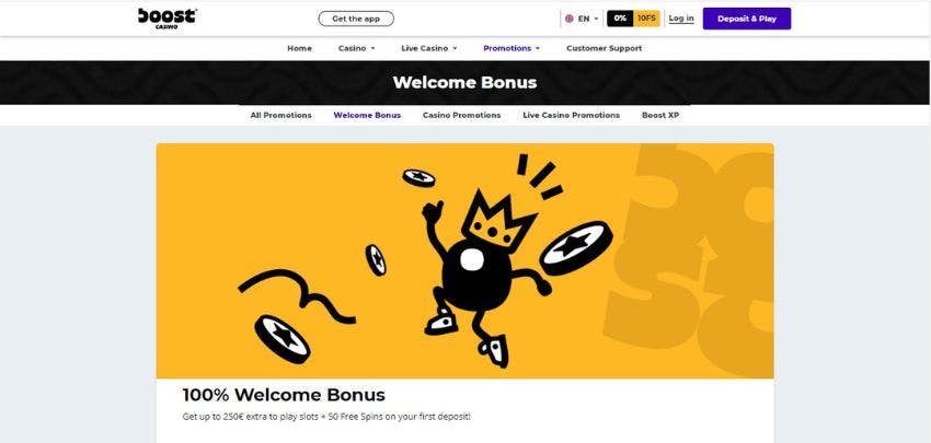 Boost Casino's welcome bonus page, showing the offer of 100% up to €250 plus 50 free spins.