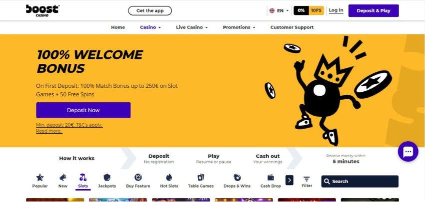 Boost Casino's homepage, showing the welcome bonus banner  and game category buttons.