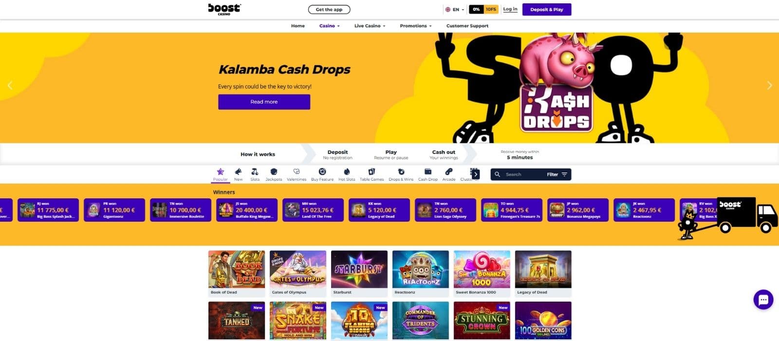  Boost Casino games page showing a selection of slots, game categories and the latest winners