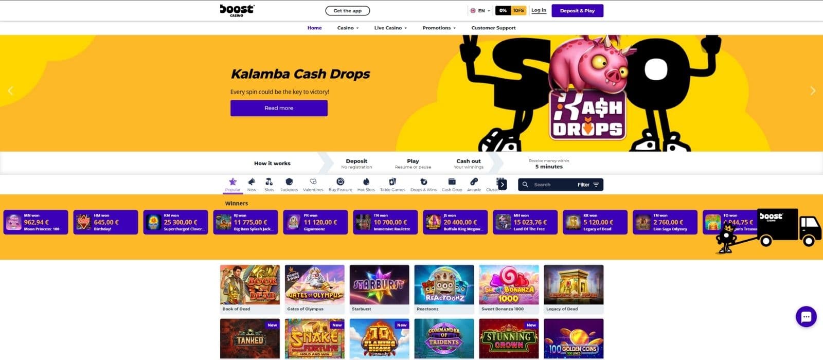 Boost casino landing page showing selected games, game categories, and the latest winners. 