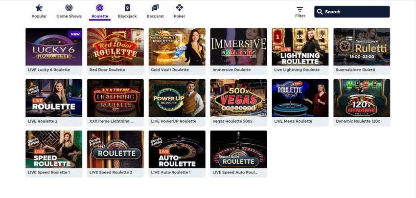Boost Casino's live games section, showing variations of roulette.