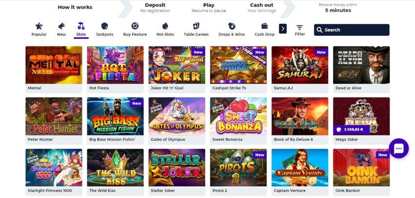 Boost Casino's slot games category, showing titles such as Peter Hunter, Mental, and other exciting games.