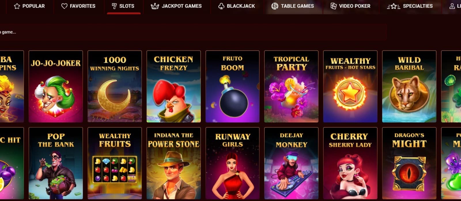 The games page of BoVegas casino displays a selection of most played slot games.