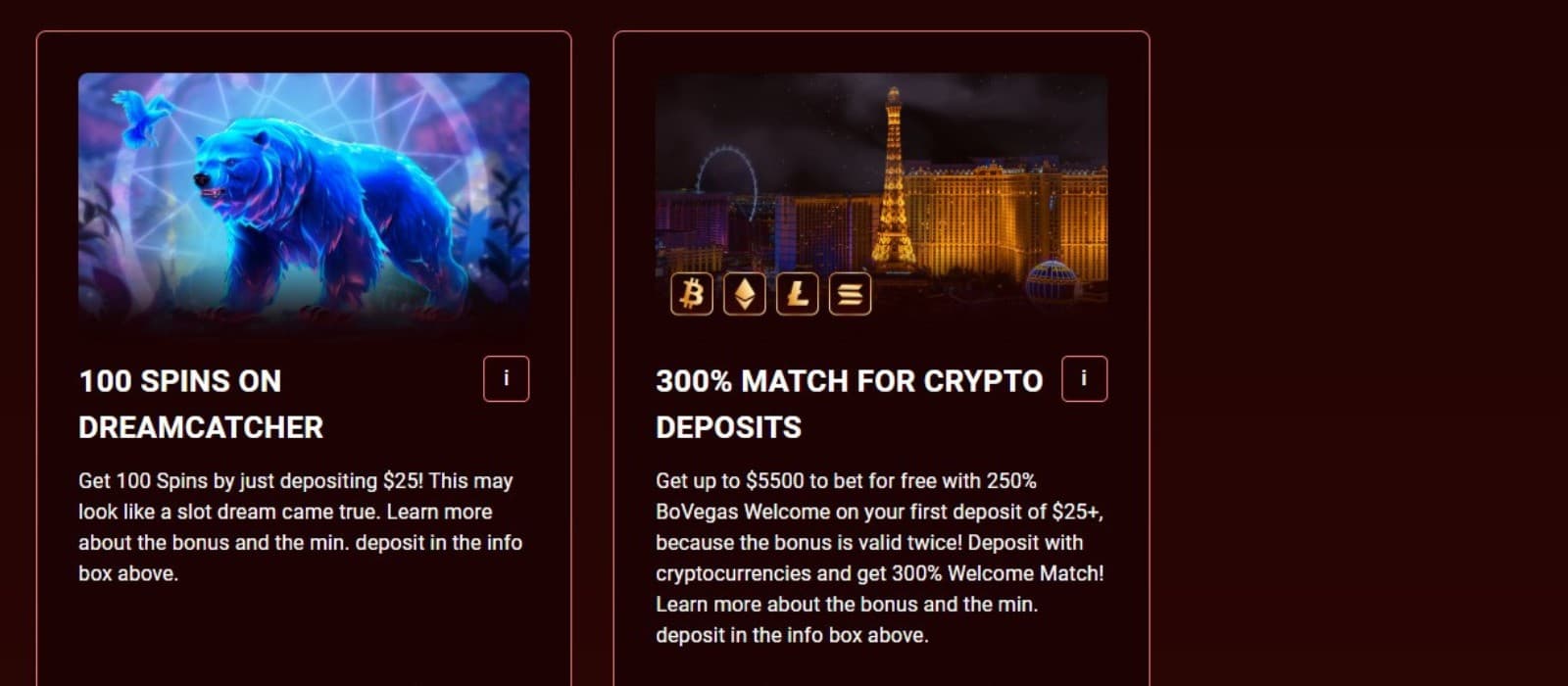 The promotions page of BoVegas casino presents a selection of bonuses including the welcome bonus.