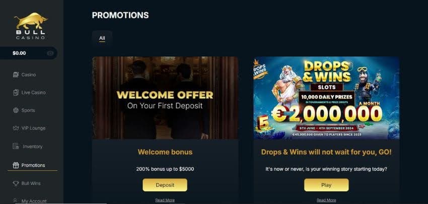 Bull Casino's promotions page, showing the welcome bonus and Drop & Wins campaign.