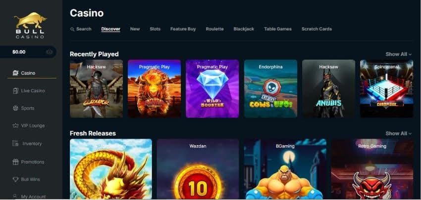 Bull Casino's homepage, showing the menu, recently played games and newly released titles.