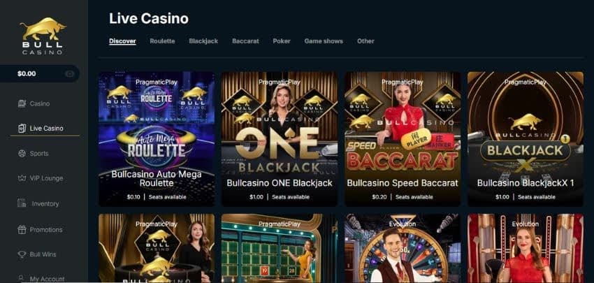 Bull Casino's live games section, showing variations of roulette, blackjack, and baccarat.