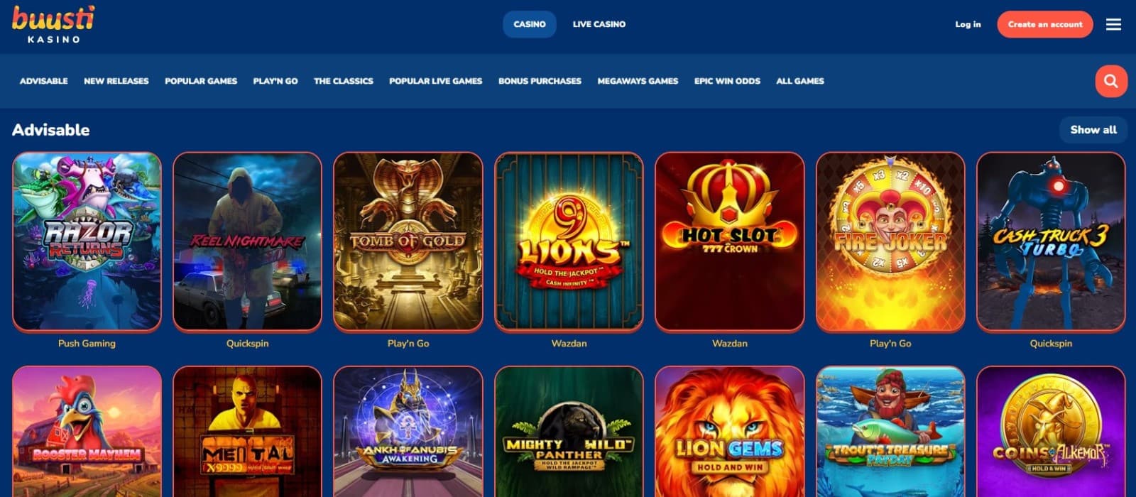  The games section of Buusti Casino presents a range of slot games, such as Reel Nightmare, Razor Returns, and more.