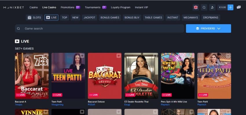 Monixbet Casino’s live casino page, featuring variations of baccarat and poker