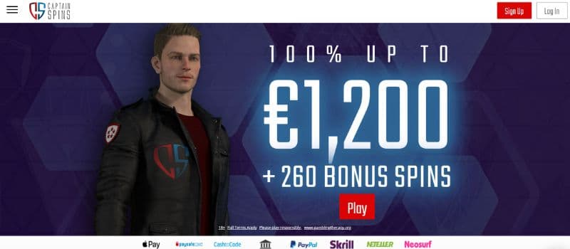 The landing page at Captain Spins shows the welcome offer that gives you 100% up to 1,200 EUR + 260 bonus spins.