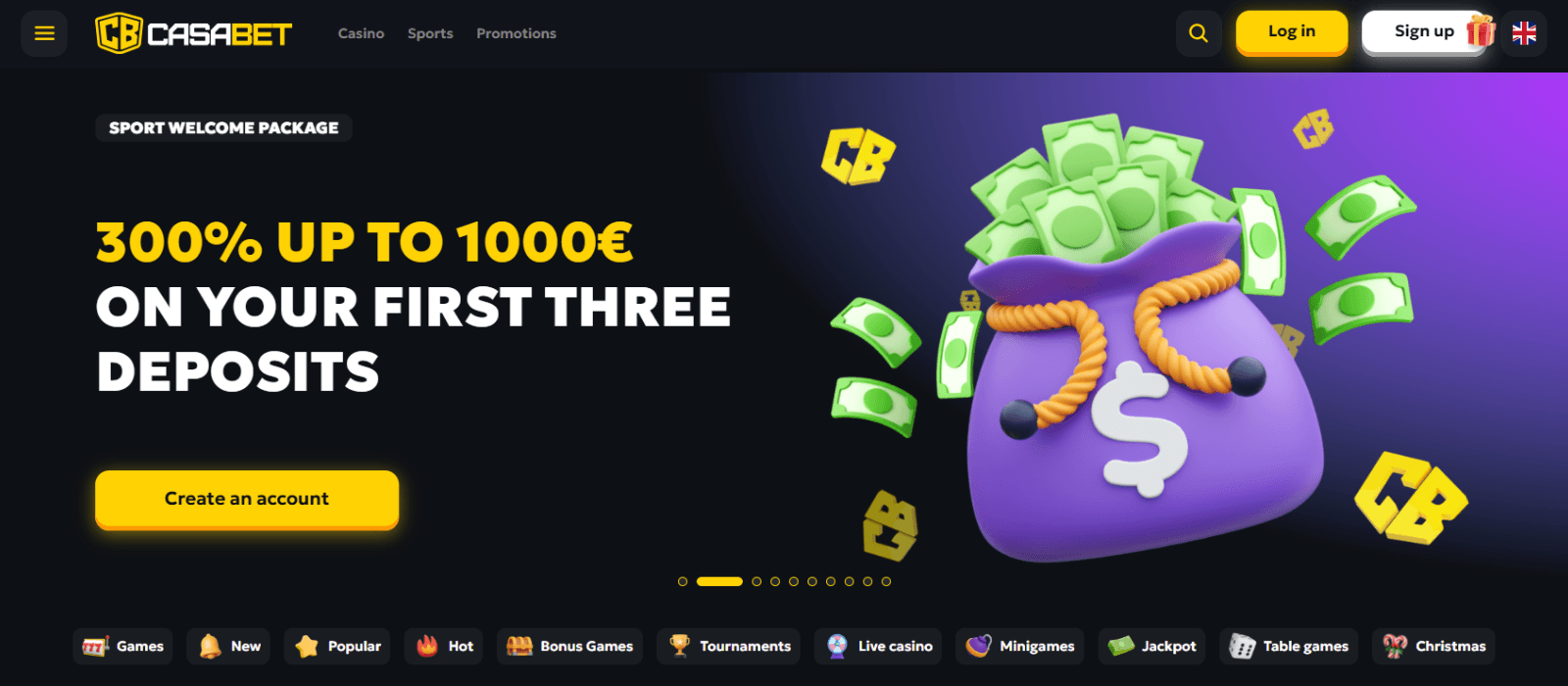 The Casabet landing page shows a welcome bonus of 300% up to 1,000 EUR on your first three deposits.