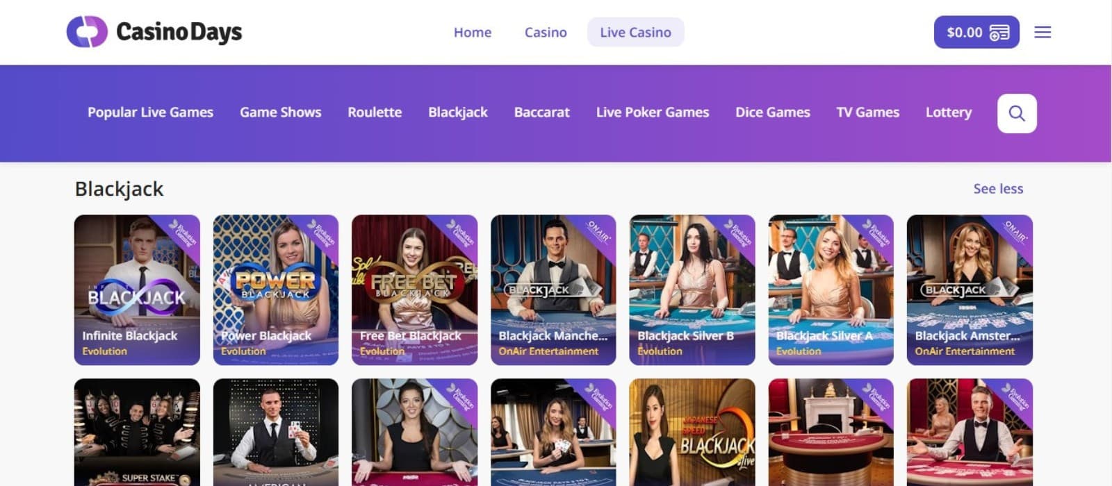 Casino Days' live games section, showing variations of blackjack.