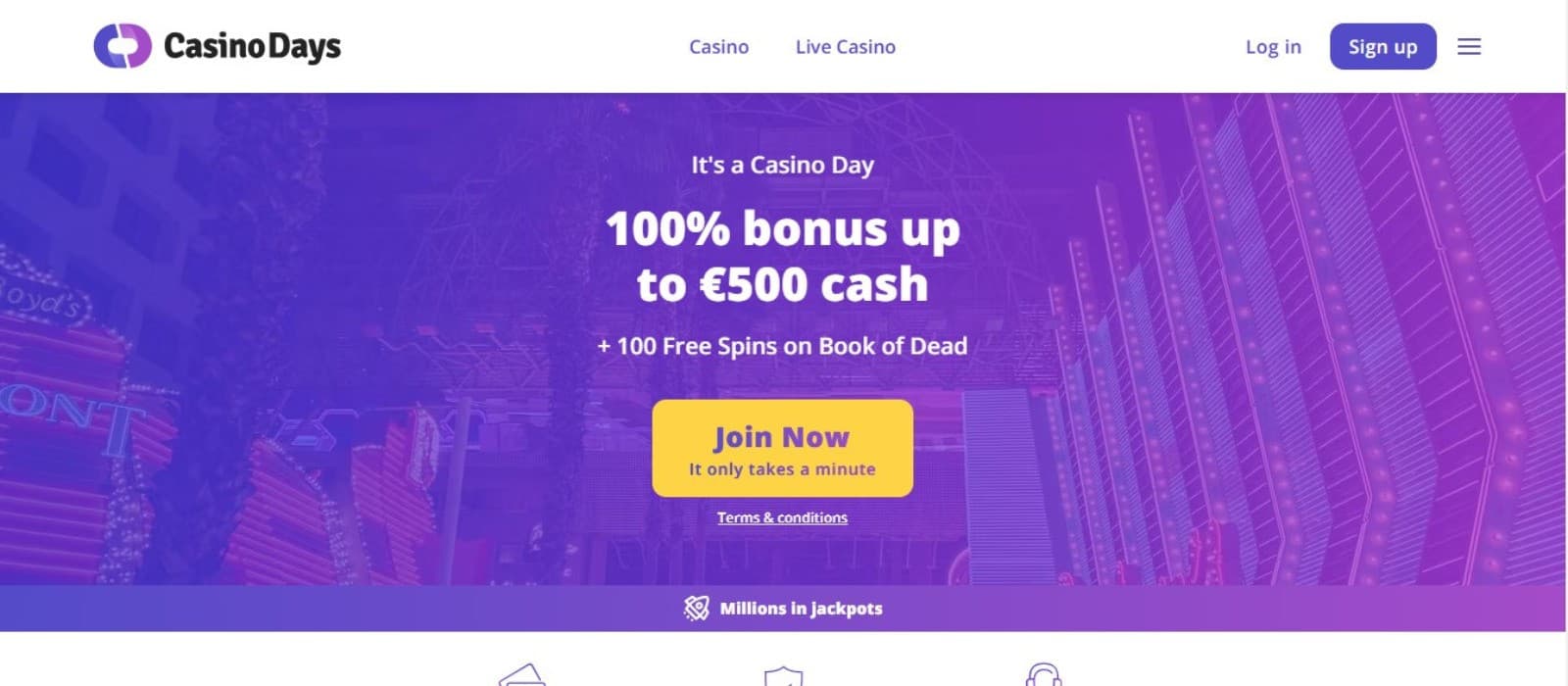 Casino Days' landing page, showing the welcome bonus and a sign-up button.