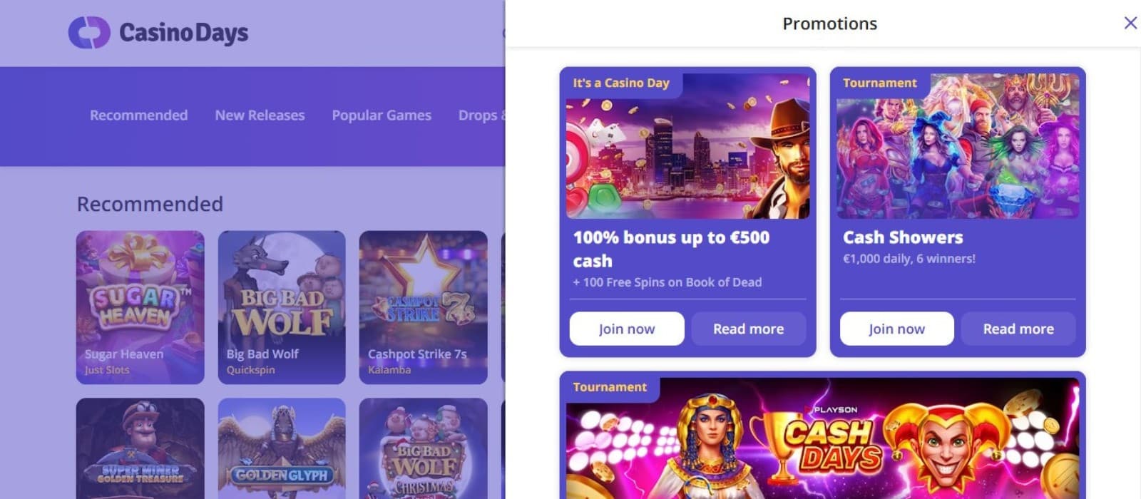 Casino Days' promotions page, showing the welcome bonus and other generous offers.