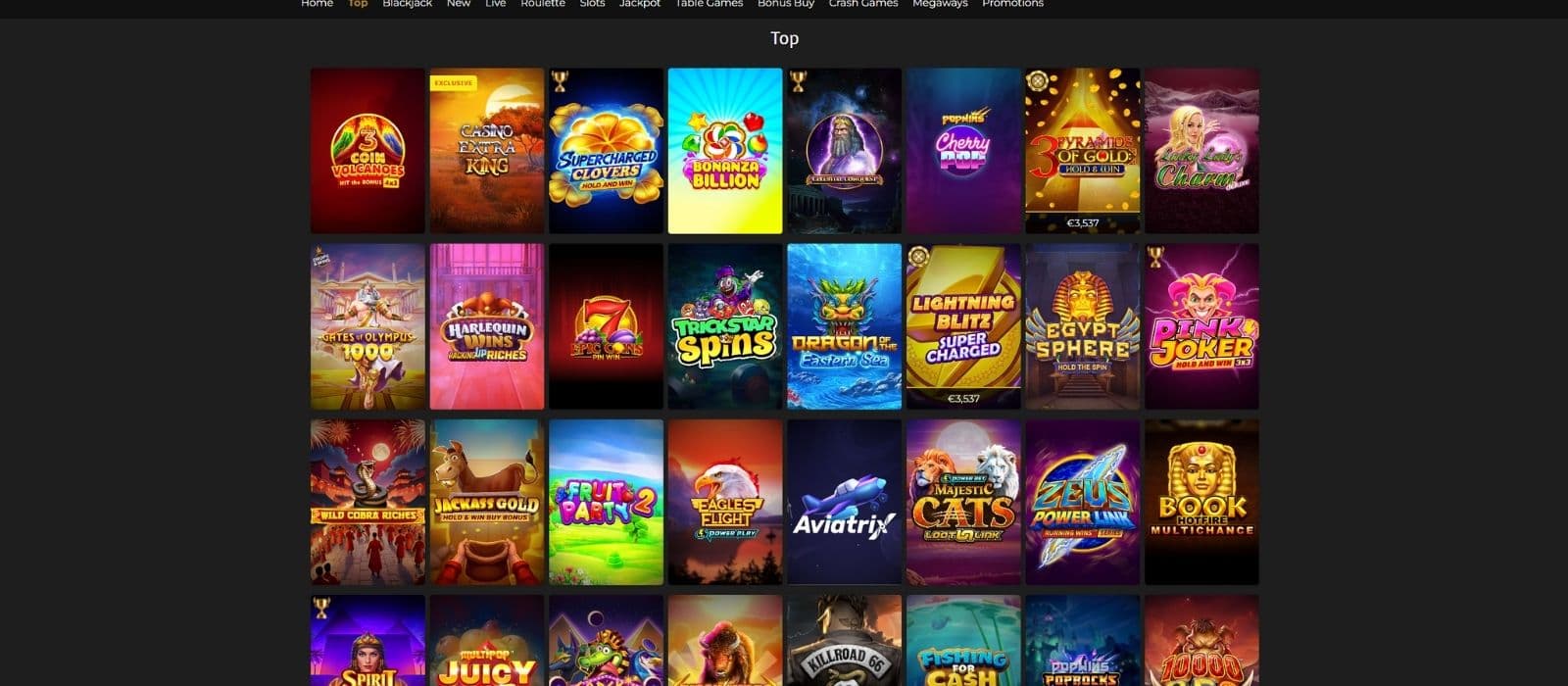 Casino Extra games page showing the most popular casino games focusing on slot games. 