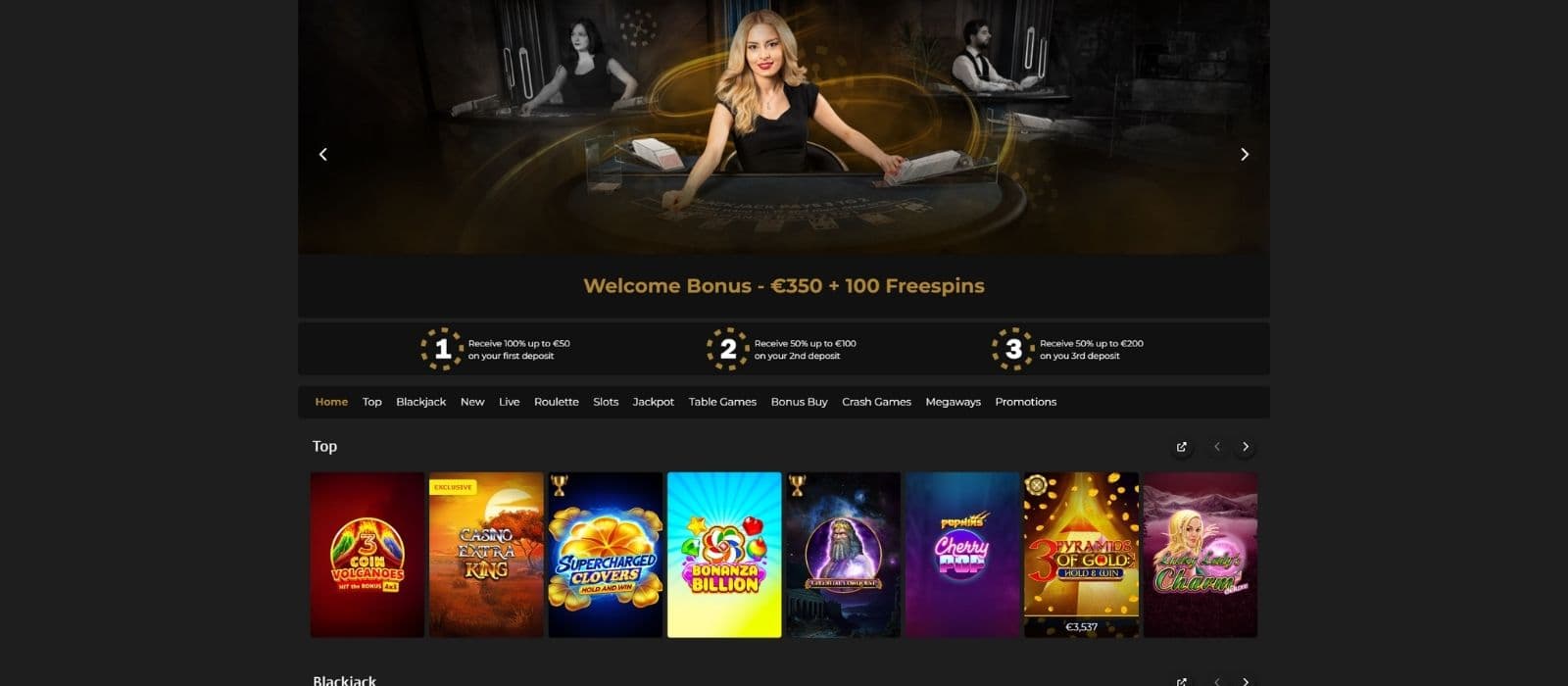 Casino Extra landing page showing some popular slots, the welcome bonus offer and the game categories. 