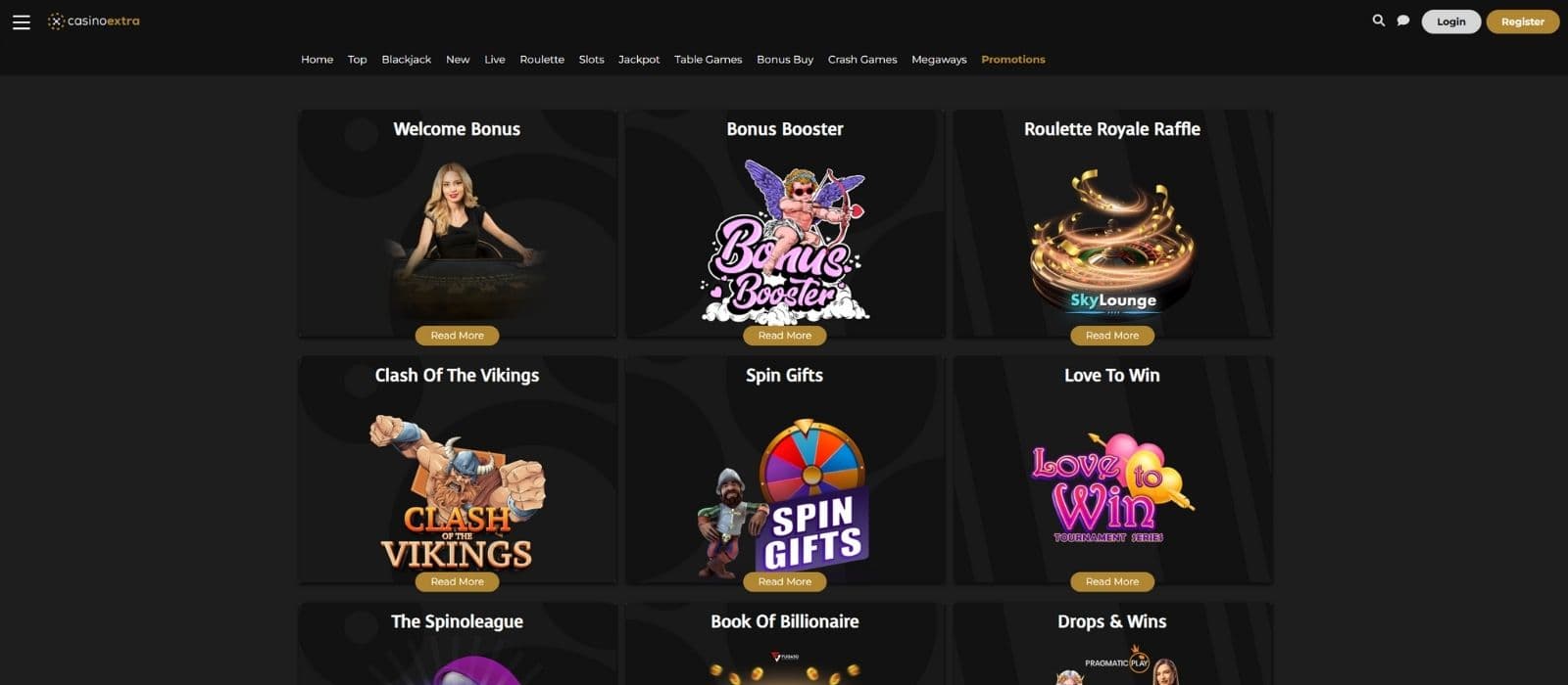 Casino Extra promotions page with the different promotions that are available at the casino. 