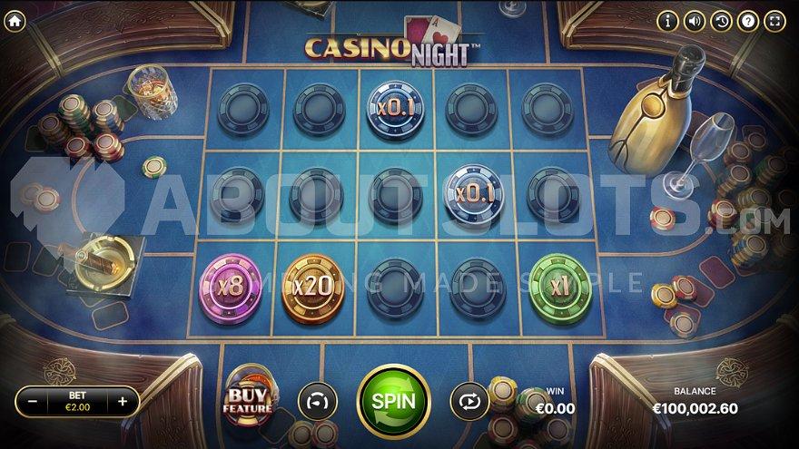 A casino slot with 5 reels on a blue casino table.