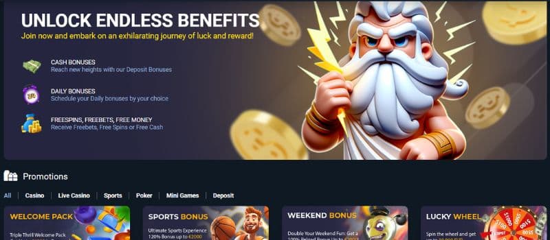 The promotion page at Casobet where you can enjoy endless rewards like a welcome pack, weekend bonuses, and the casino's lucky wheel.